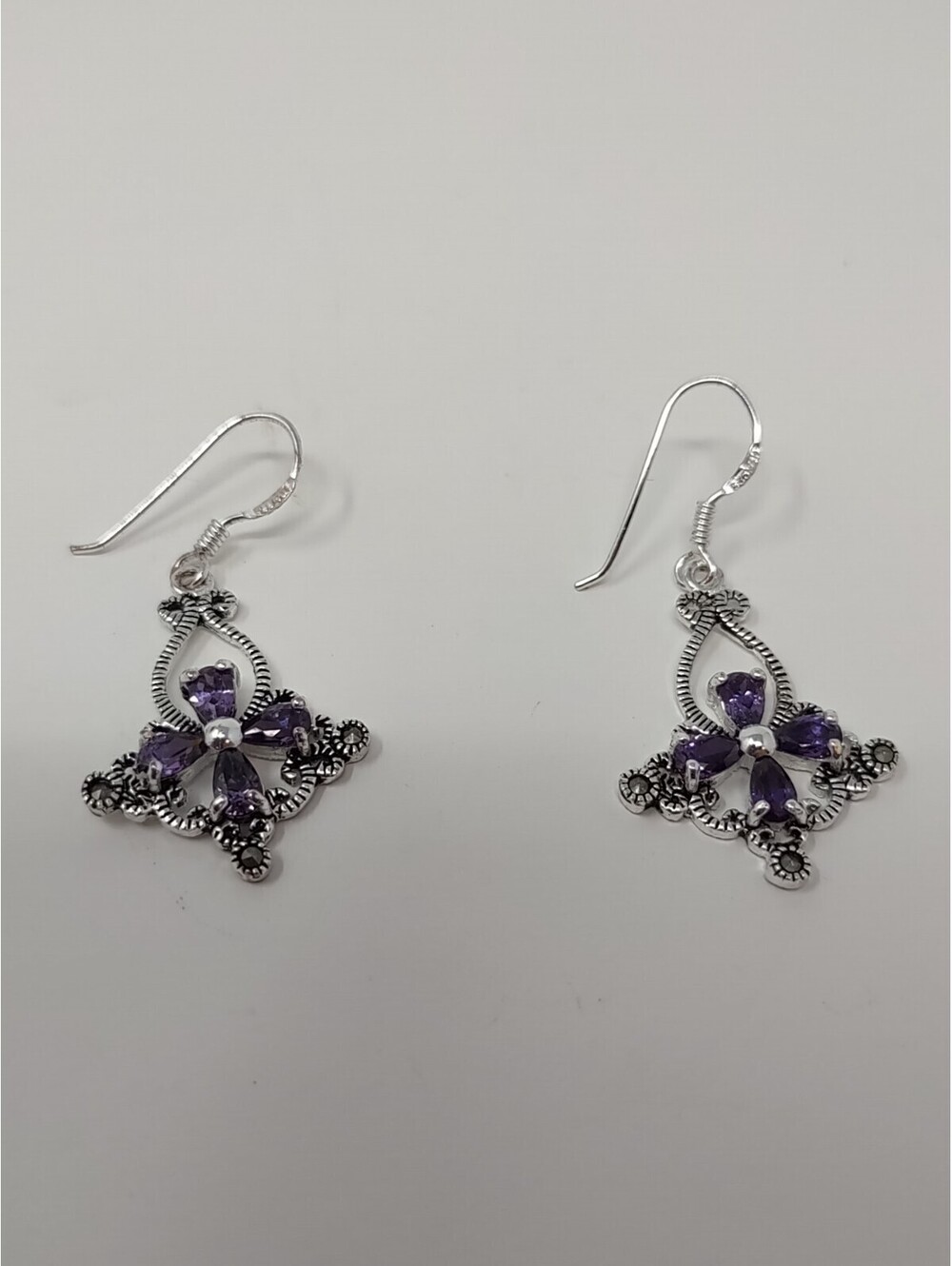 925 Sterling Silver Amethyst Marcasite Dangle Earrings